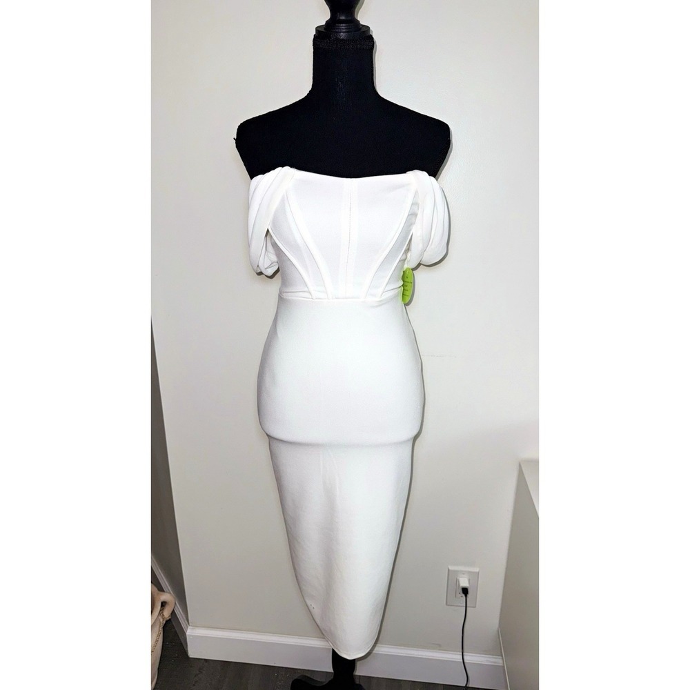 New! Windsor White Off-Shoulder Ruched Bodycon Midi Sheath Dress X small